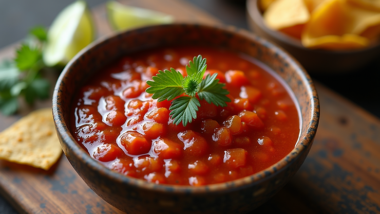 High angle view of Mexican-style spicy salsa roja in a bowl
