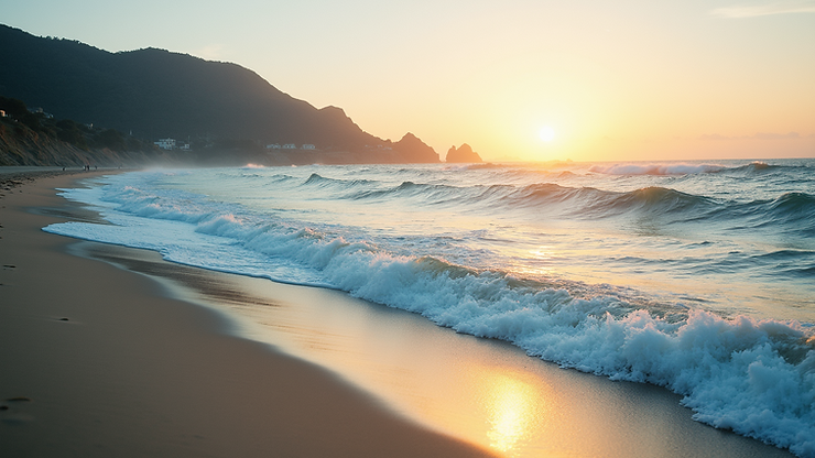High angle view of Long Beach with waves crashing on the shore