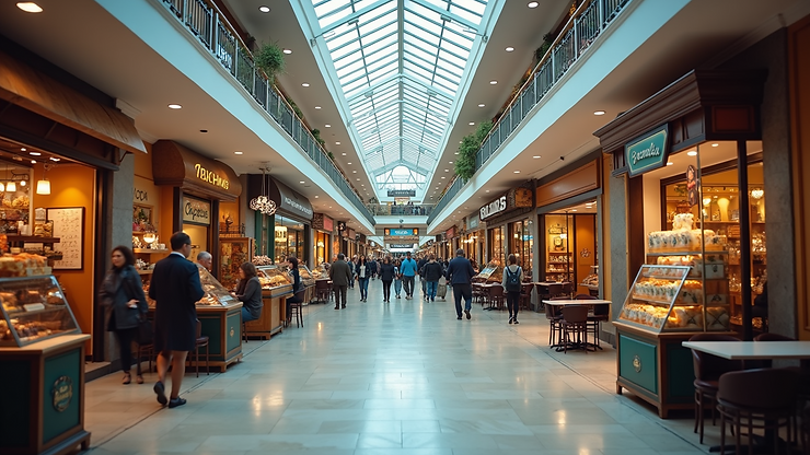 Wide angle view of a bustling shopping center with diverse stores and restaurants