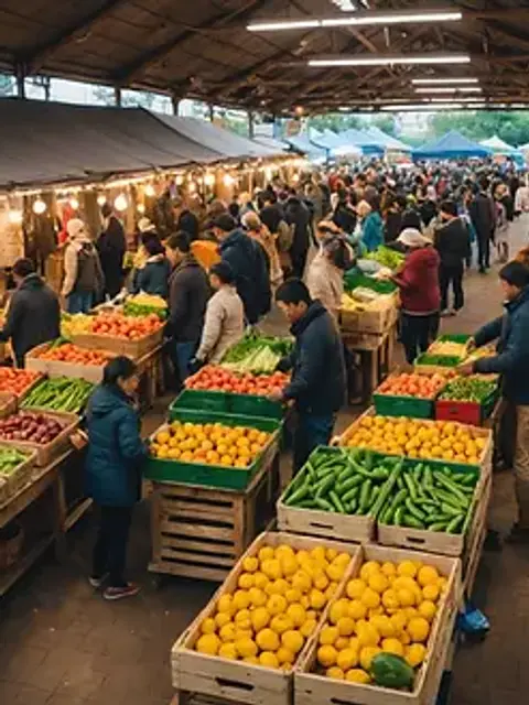 Wide-angle view of a bustling community market showcasing local produce and crafts