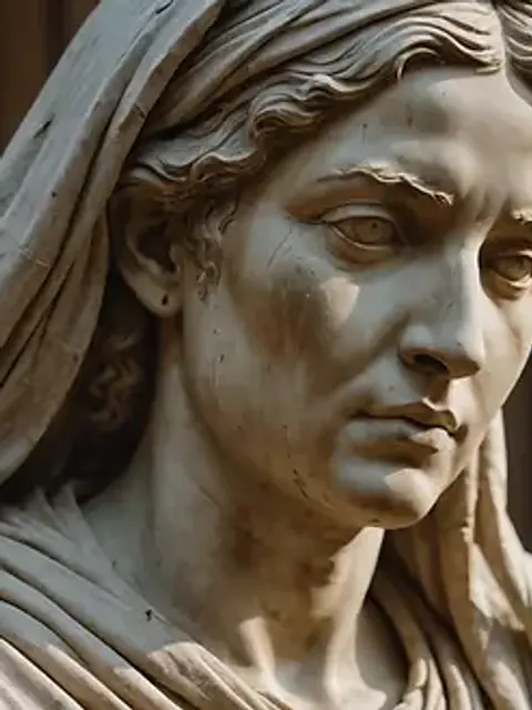 Close-up view of a weathered statue draped in fabric, hinting at mystery