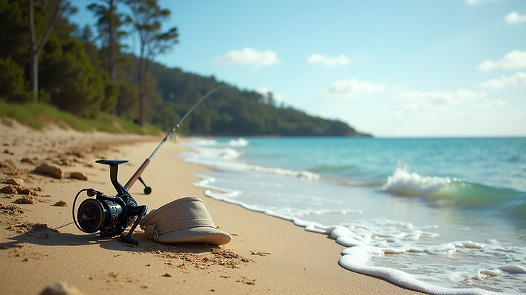 Eye-level view of Yorkeys Knob Beach with fishing rods set up