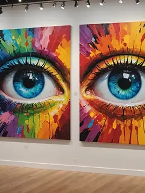 Eye-level view of vibrant artwork displayed in a local gallery