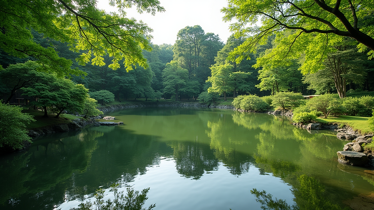 Eye-level view of the tranquil pond in Hama-Rikyu Gardens