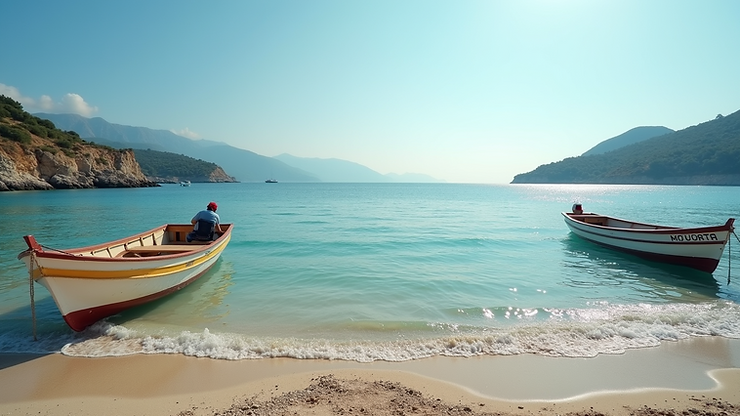 Eye-level view of Vlichadia beach with fishing boats
