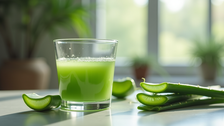 High angle view of aloe vera juice in a glass