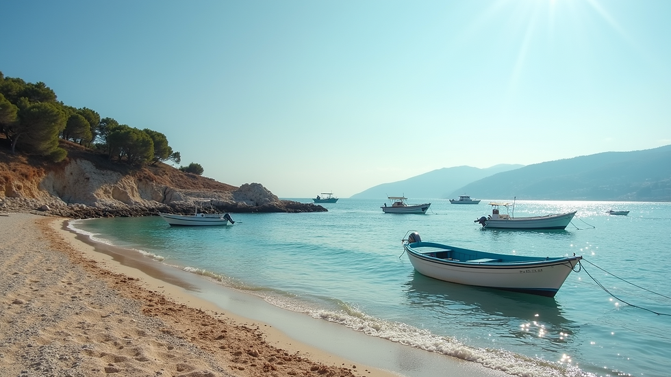 Eye-level view of Agia Theodoti beach with fishing boats