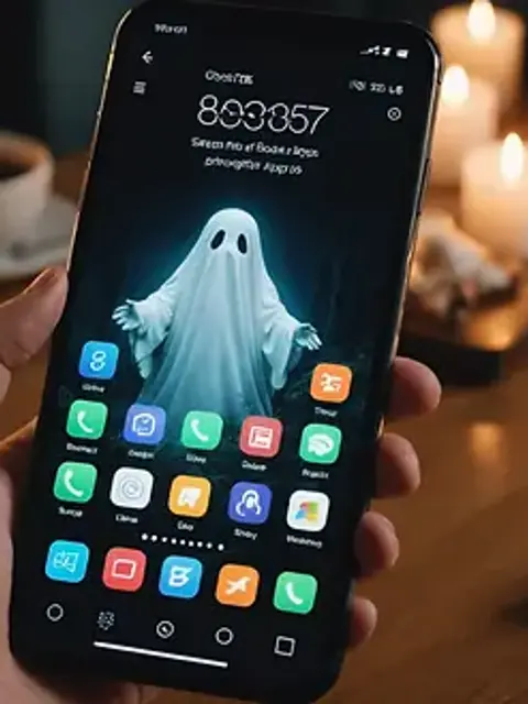 Close-up view of a smartphone displaying ghost story apps and information