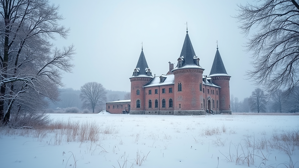 High angle view of Koldinghus Castle with snow-covered grounds