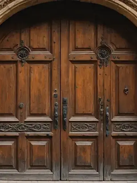 Eye-level view of an intricately designed old door that invites exploration