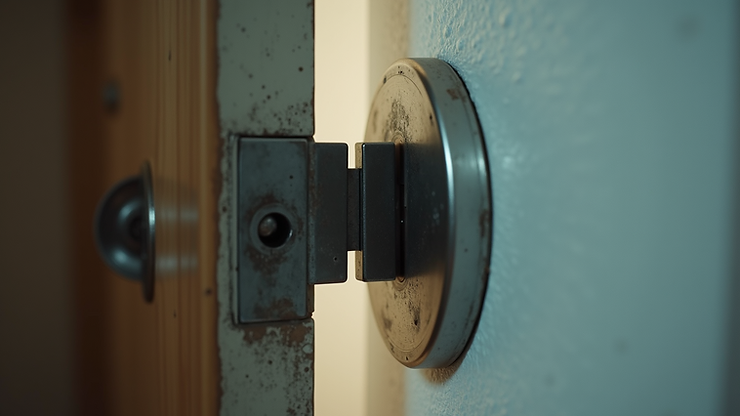 Close-up view of a door hinge needing lubrication and care