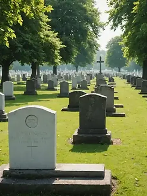 Close-up view of a secluded graveyard with white tombstones