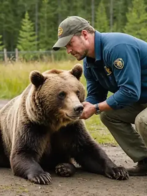 Wide angle view of an injured bear being helped at the Alaska Wildlife Conservation Center