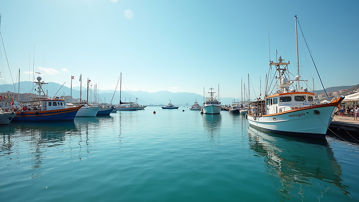 Close-up view of Skala Sikamineas Harbor with fishing boats