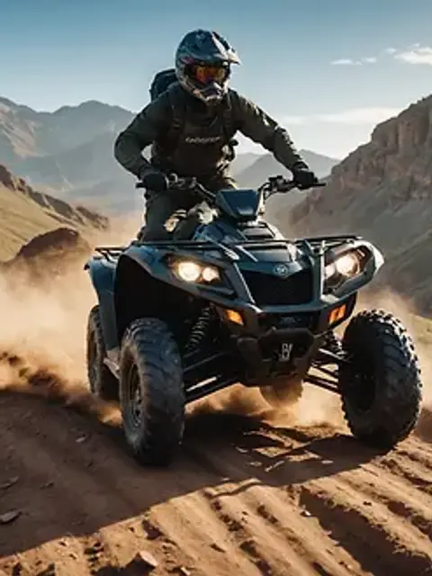 Low-angle view of an ATV traversing through rugged off-road terrain
