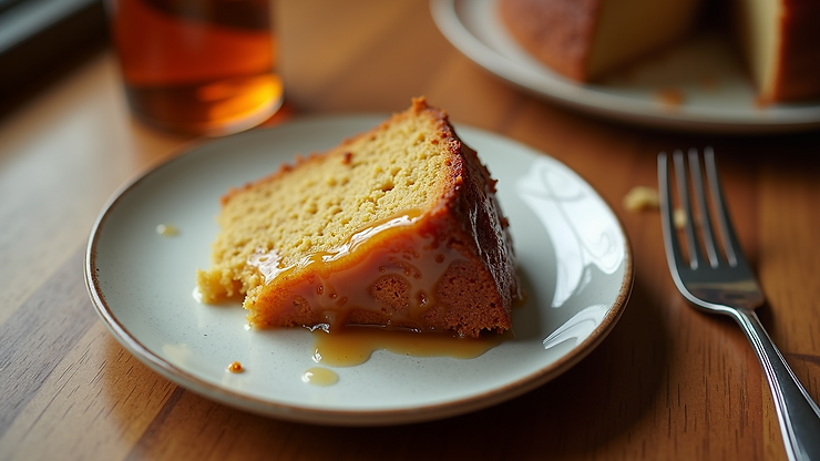 High angle view of a slice of decadent St. Croix rum cake on a plate