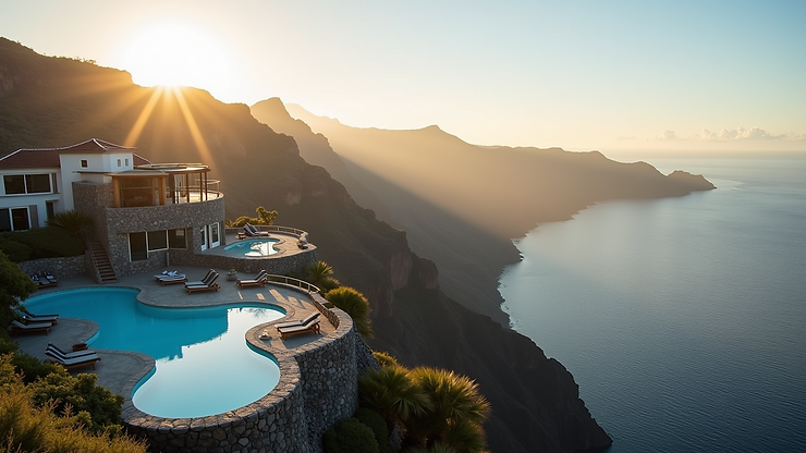 High angle view of the Mystique hotel overlooking the caldera