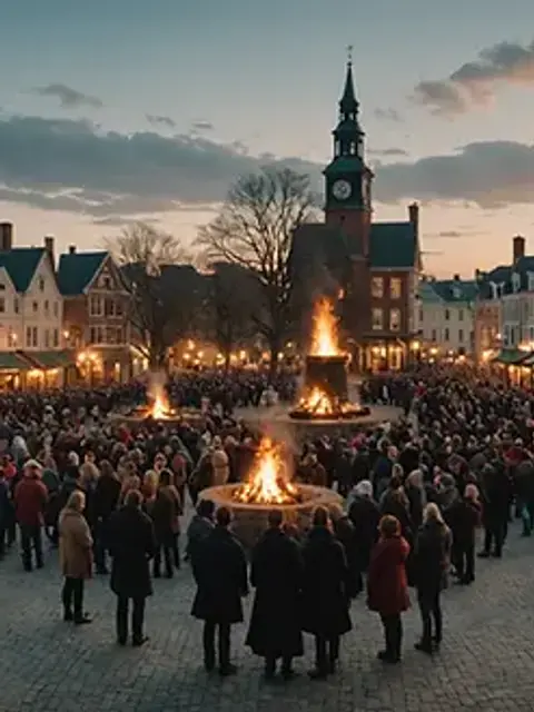 Wide angle view of a bustling town square representing the community's reaction to the Bell Witch's return