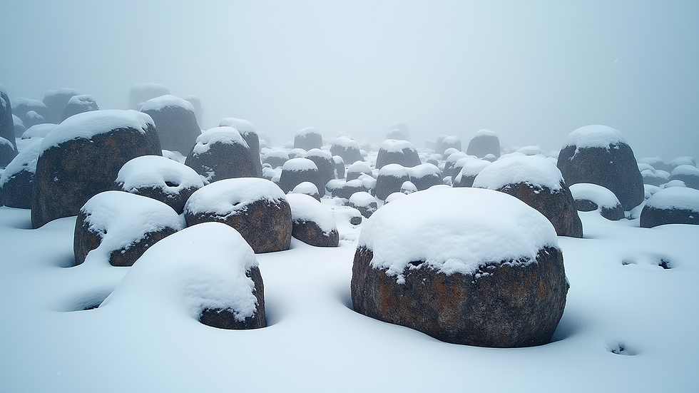 High angle view of the Giant's Causeway with snow-covered rocks