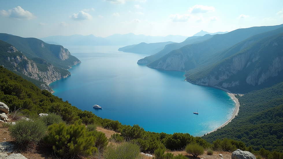 High angle view of Lefkada coastline with fishing boats