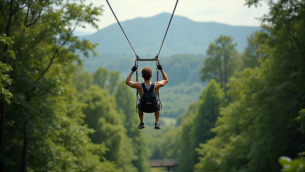 Eye-level view of a zip line at Mega Adventure Park
