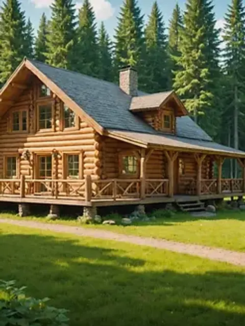 Wide angle view of a charming log cabin surrounded by lush forestry
