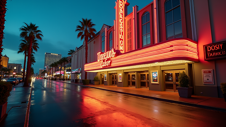 High angle view of the D Las Vegas entrance with its iconic marquee