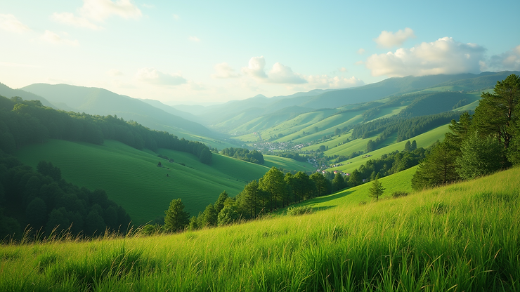 Wide angle view of the lush hills in the Scotland District