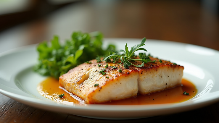 Close-up view of a beautifully plated Grilled Mahi-Mahi with herbs
