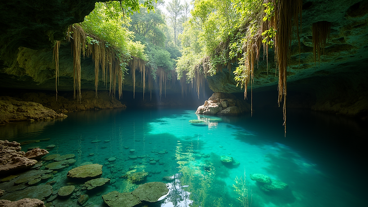 Wide angle view of the natural beauty of Cenote Ik Kil surrounded by lush vegetation