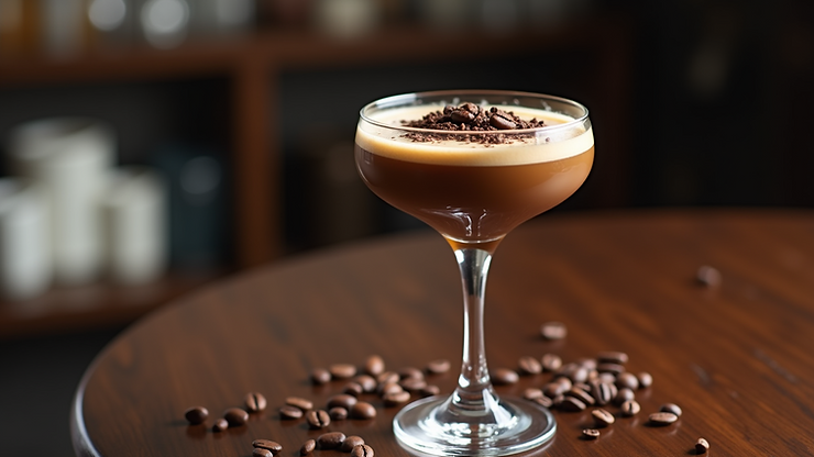 Close-up view of a frothy Espresso Martini topped with coffee beans
