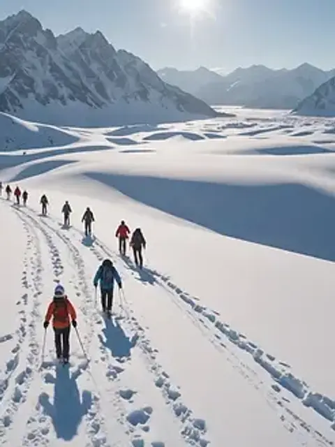 High angle view of adventurers snowshoeing through a vast, icy landscape