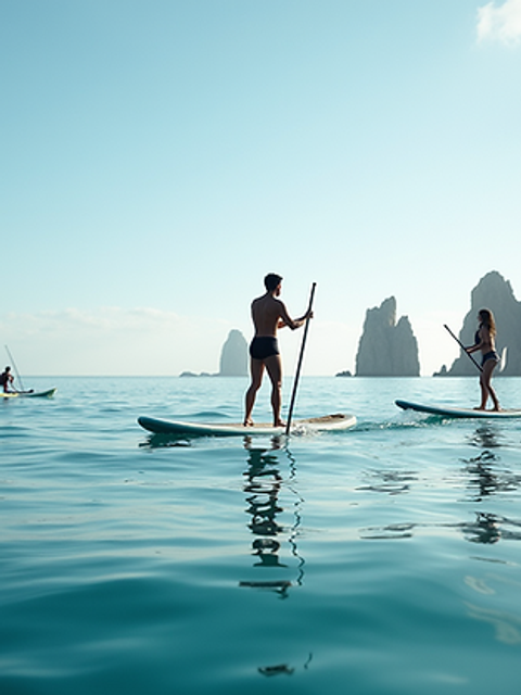 Wide angle view of paddleboarders on a calm sea