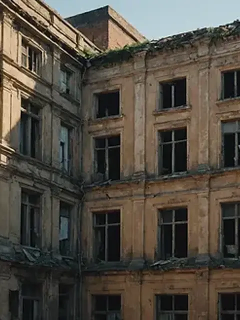 Close-up view of an old, decrepit building