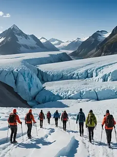 Wide angle view of adventurous hikers navigating a glacier landscape