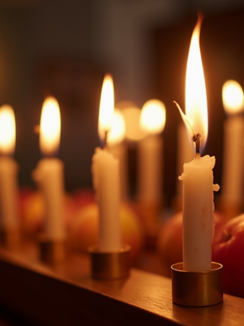 High angle view of candles lit for Hanukkah