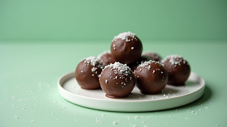 High angle view of chocolate mint energy balls on a light plate