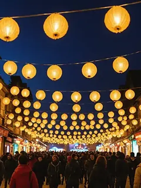 Close-up view of dazzling lights and decorations during the festival