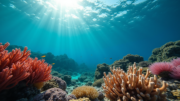 High angle view of vibrant coral reefs at Cozumel