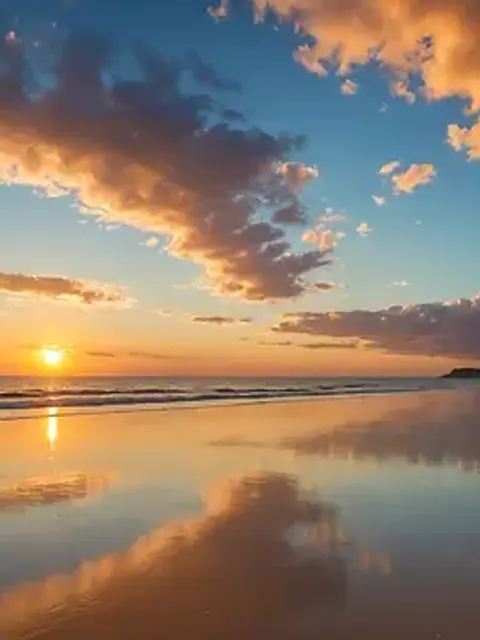 Wide angle view of a serene beach with a sunset sky