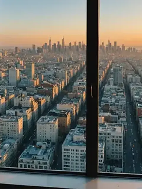 High angle view of an open window overlooking a cityscape