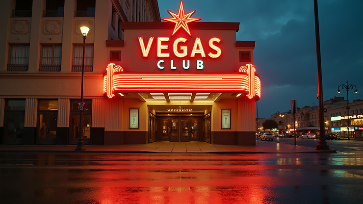 Eye-level view of the vintage Vegas Club Casino entrance reflecting its rich history