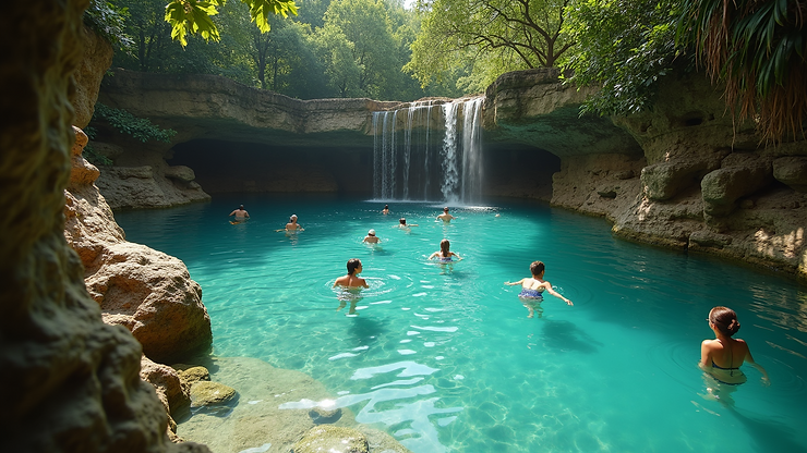 Close-up view of the natural pools at Xcaret with people swimming