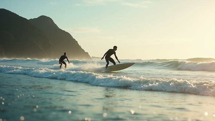 Wide angle view of Laem Singh Beach with advanced surfers practicing