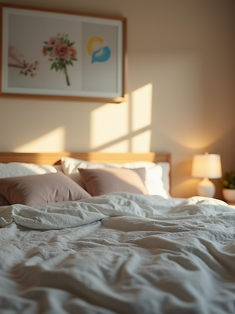 Eye-level view of a cozy bedroom with soft lighting