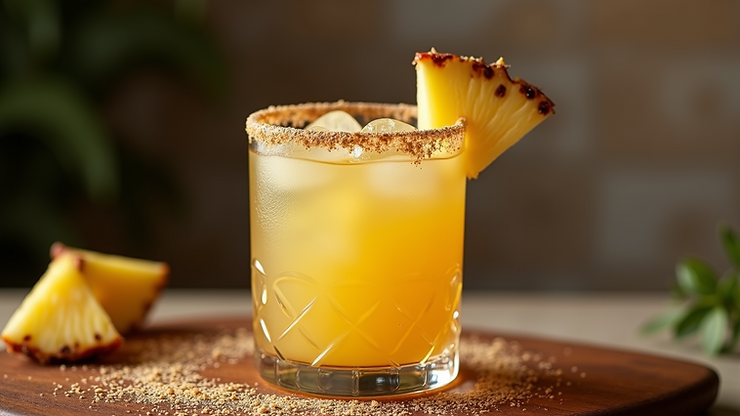 High angle view of a creamy Painkiller cocktail garnished with nutmeg and pineapple