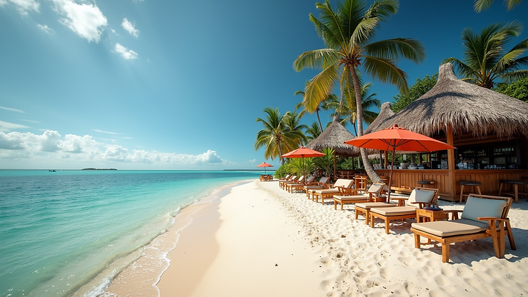 Wide angle view of Cane Bay Beach Bar located by the beautiful beach