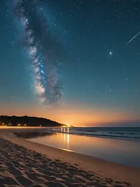 Wide angle view of a starry night sky over a peaceful beach