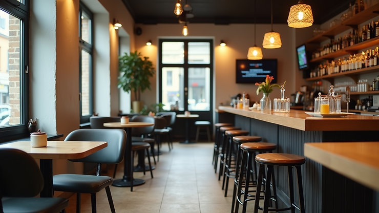 Trendy café setting with an inviting bar and seating area