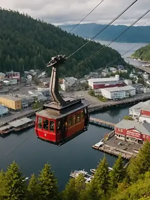 Wide angle view of the Ketchikan cable car making its ascent